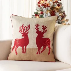 Holiday Reindeer Pillow - Natural - 20"x20" - Safavieh -Safavieh GUEST 8ae0732c a261 4031 88fd 6617672192af